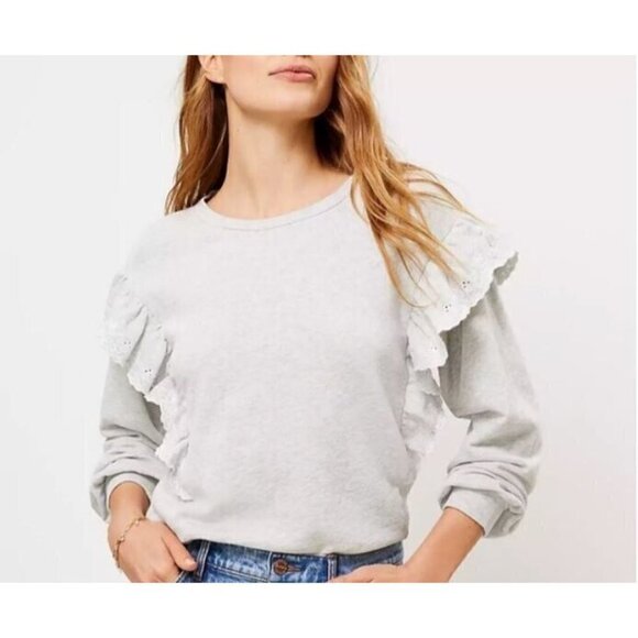 LOFT Sweater Womens Large Embroidered Ruffle Sleeve Sweatshirt Gray Cotton Boho - Picture 1 of 10